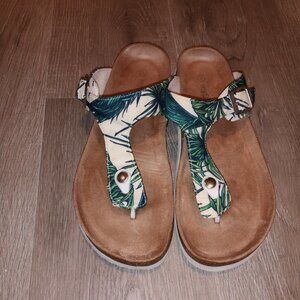 2/$20.00 Mix & Match - Mystyle Ladies Palm Pattern Canvas Upper Thong Sandals